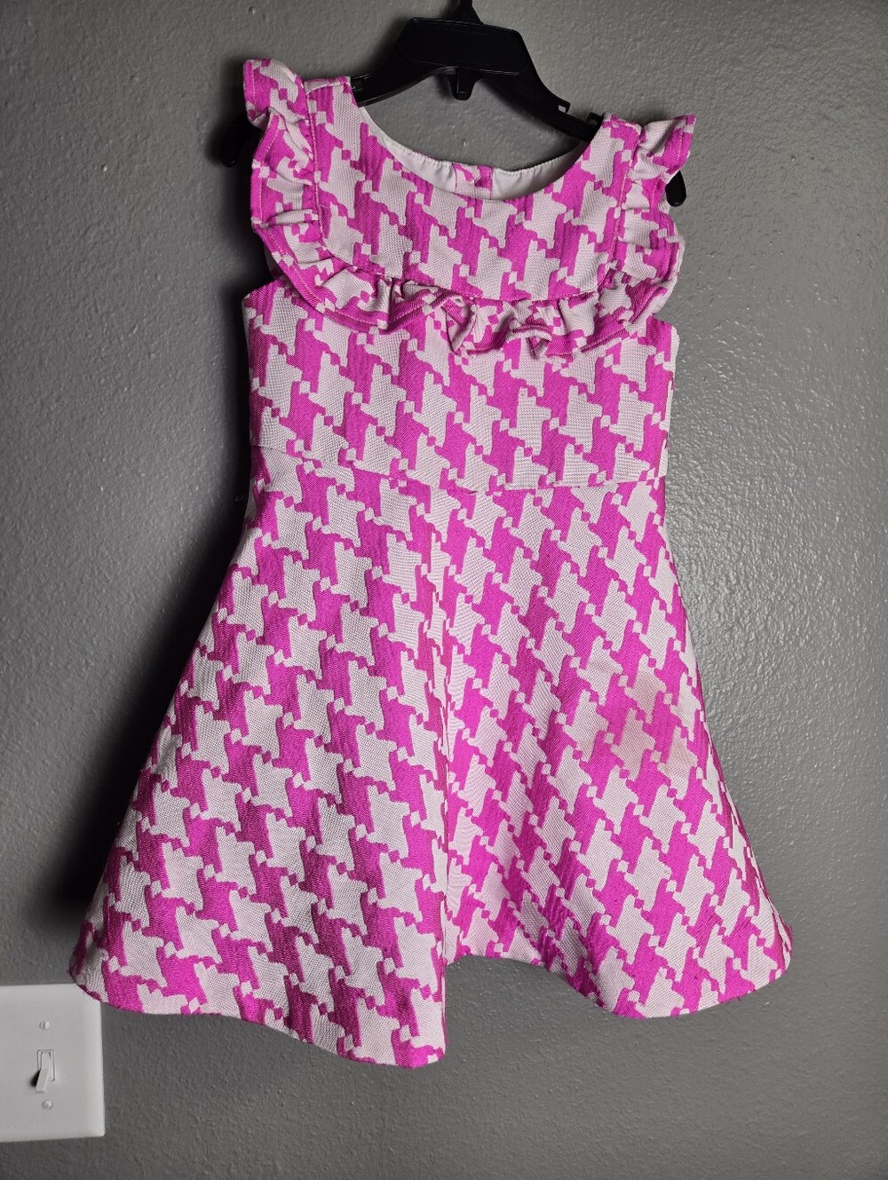 Janie and Jack Hot Pink and White Houndstooth Ruffle Dress Size 4 Girls